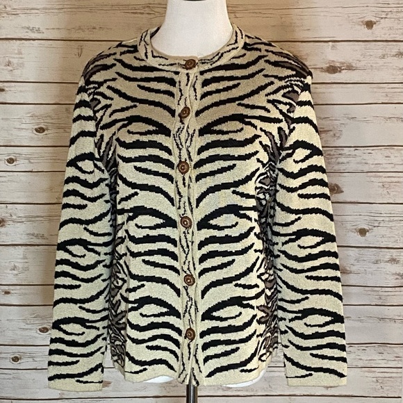 Vintage Sweaters - *SOLD* Vintage Philippe Marques cream/black zebra print cardigan sweater